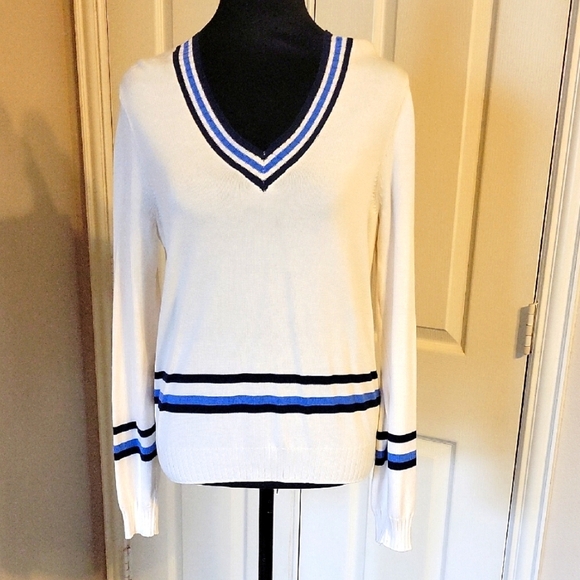 Pop Sugar V-Neck Sweater - White with Blue Accents Size M - Picture 1 of 8